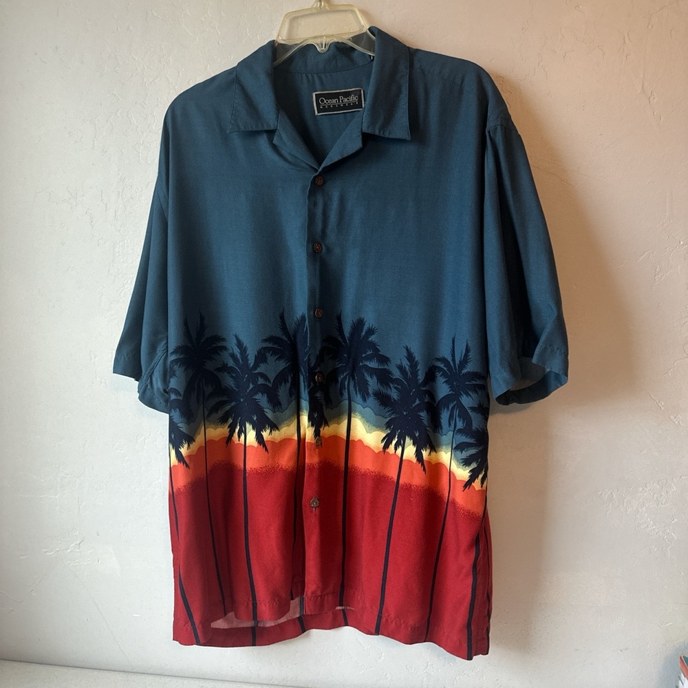 Ocean Pacific Mens Hawaiian Shirt Rayon Palm tree Sunset Size Large